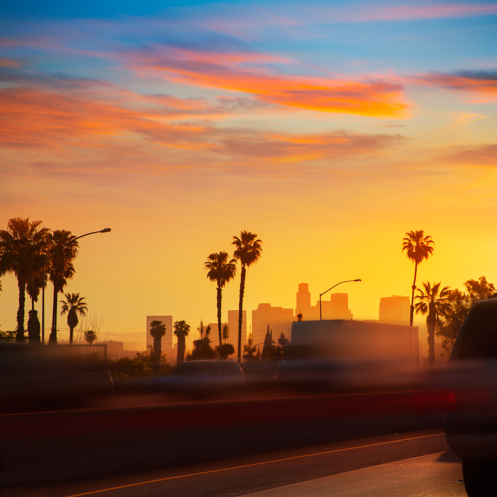 La,Los,Angeles,Sunset,Skyline,With,Traffic,California,From,Freeway